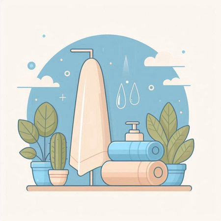 Bathroom vector illustration. Bathroom interior with towels, shampoo, shower gel and plantsのイラスト素材
