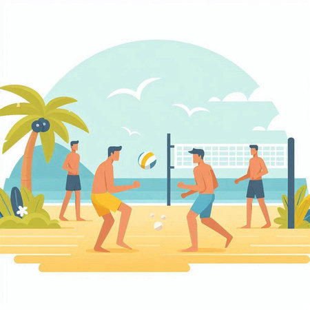 People playing beach volleyball on the beach. Vector illustration in flat styleのイラスト素材