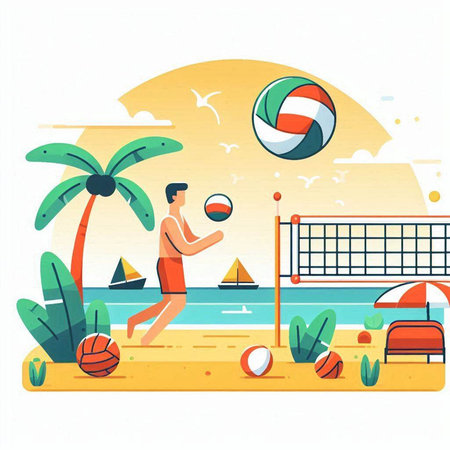 Beach volleyball player on the beach. Vector illustration in flat styleのイラスト素材