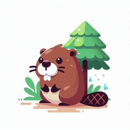 Cute beaver and pine forest. Vector illustration in cartoon style.のイラスト素材
