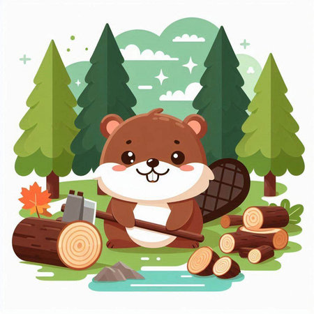 Cute beaver sitting on a log in the forest. Vector illustrationのイラスト素材