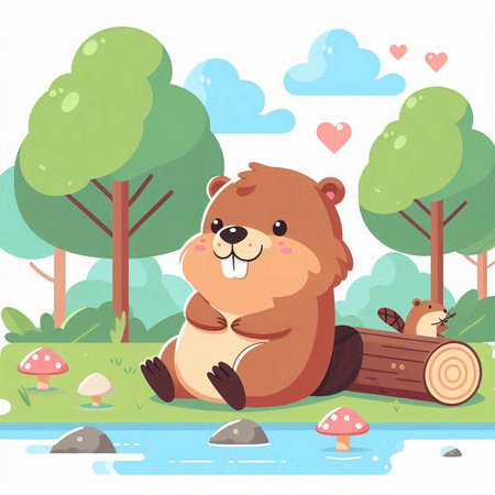Cute cartoon beaver sitting in the forest. Vector illustration.のイラスト素材