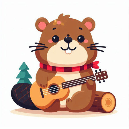Cute beaver with a guitar. Vector illustration in cartoon styleのイラスト素材