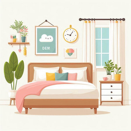Bedroom interior with furniture and accessories. Vector illustration in flat styleのイラスト素材