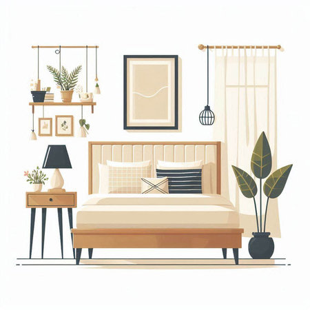 Bedroom interior. Bedroom with bed, pillows and plants. Vector illustration.のイラスト素材