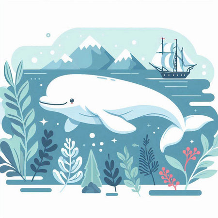 Sea landscape with a dolphin and a sailboat. Vector illustration.のイラスト素材
