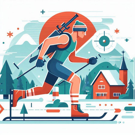 Winter sport. Flat style vector illustration. Sportsman skiing in the mountains.のイラスト素材