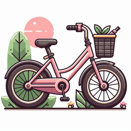 Vector illustration of a pink bicycle with a basket full of flowers.のイラスト素材