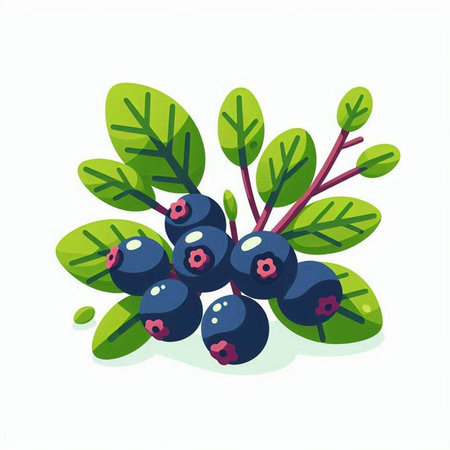 Vector illustration of fresh blueberry with green leaves on white background.のイラスト素材