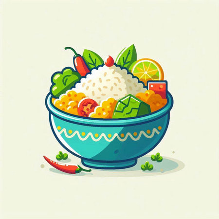 Illustration of a bowl of rice with vegetables. Vector illustration.のイラスト素材
