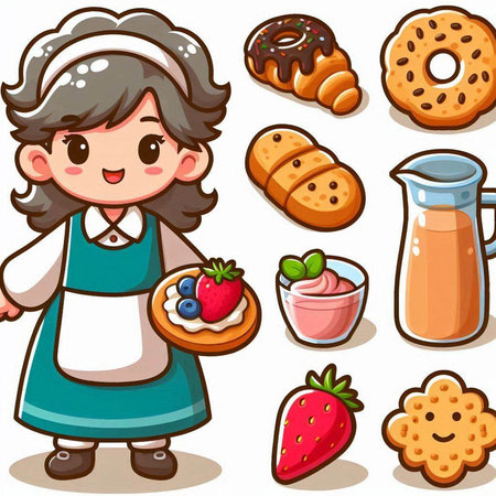 Cartoon woman with different food. Vector illustration of a cartoon woman.のイラスト素材