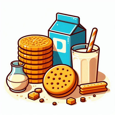 Illustration of a set of milk and cookies on a white backgroundのイラスト素材