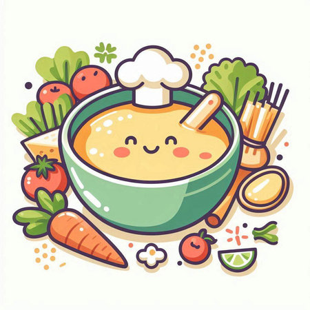 Cute vector illustration of a bowl of carrot soup with ingredients.のイラスト素材