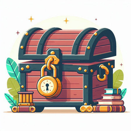Treasure chest with lock and padlock. Vector cartoon illustration.のイラスト素材