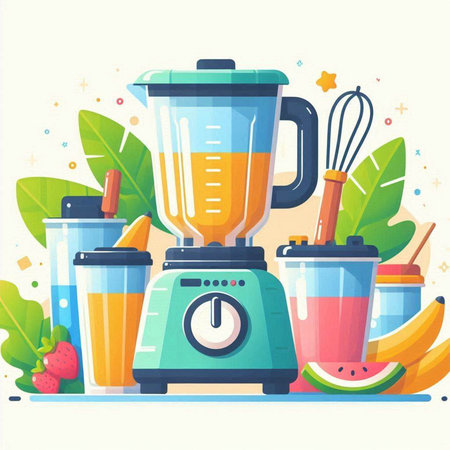 Juicer, blender and fruits. Flat style vector illustration. Healthy food concept.のイラスト素材