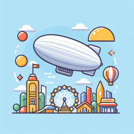 Vector illustration of airship with ferris wheel in the city.のイラスト素材