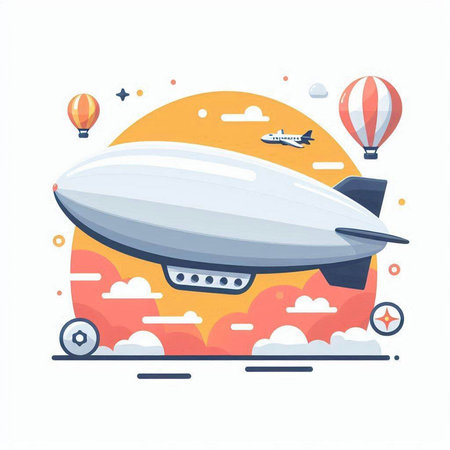 Airship flat color vector icon. Air transport. Cartoon style illustration for web graphic design and animationのイラスト素材