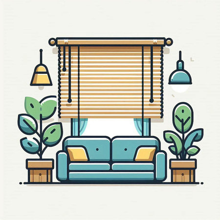 Living room interior with window and sofa. Flat design vector illustration.のイラスト素材
