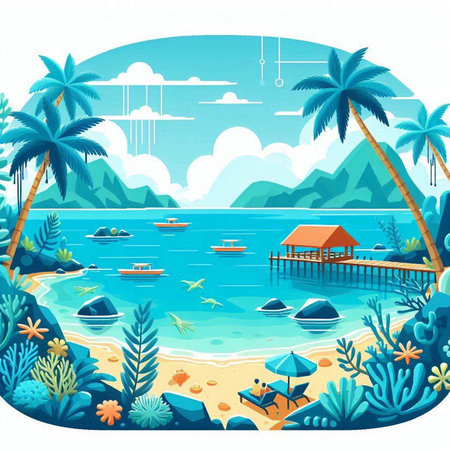 Tropical beach with palm trees and boats. Vector illustration.のイラスト素材