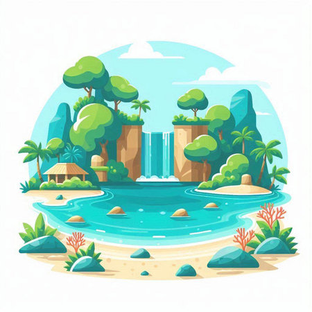 Tropical island with waterfall in flat style. Vector illustration.のイラスト素材