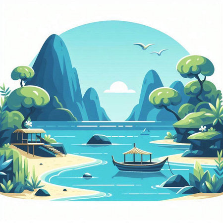Beautiful landscape with a boat on the sea. Vector illustration.のイラスト素材