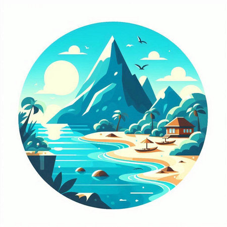 Vector illustration of a cartoon landscape with a mountain and a river.のイラスト素材