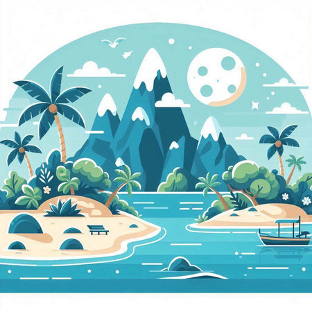 Tropical island with palm trees, sea and mountains. Vector illustrationのイラスト素材