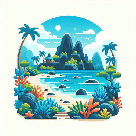 Tropical island with palm trees, rocks and sea. Vector illustrationのイラスト素材