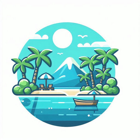 Tropical beach with palm trees and boats. Vector illustration.のイラスト素材
