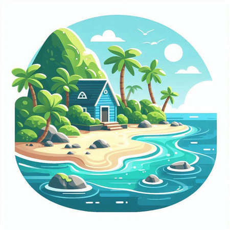 Vector illustration of a tropical island with palm trees and a house on the beachのイラスト素材