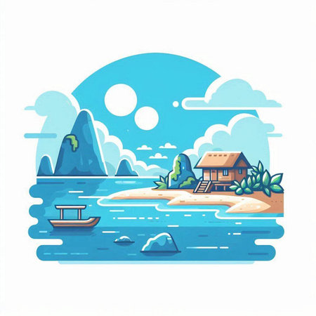 Illustration of beach with house, boat and mountains. Vector illustrationのイラスト素材