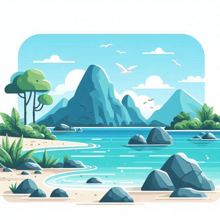 Landscape with mountains, sea and blue sky. Vector illustration.のイラスト素材