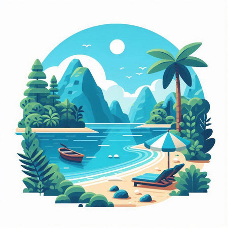Landscape with mountains, sea and beach. Vector illustration in flat styleのイラスト素材