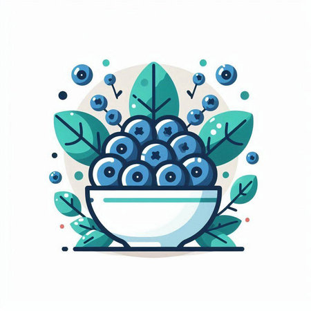 Blueberry in bowl with leaves. Vector illustration in flat style.のイラスト素材