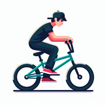 Cyclist riding bicycle flat color vector faceless character isolated on white background. Man in sportswear and cap riding bike. Active lifestyle cartoon illustration for web graphic design and animationのイラスト素材