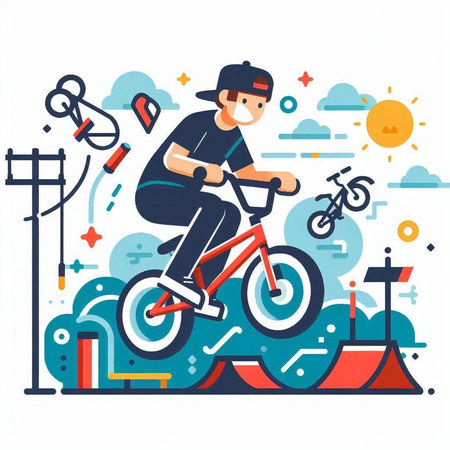 Bmx rider in action. Flat style vector illustration isolated on white background.のイラスト素材