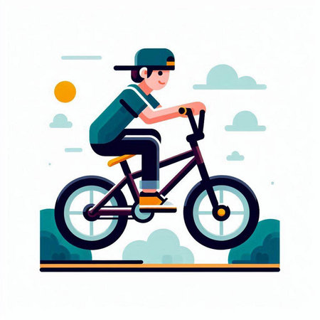 Young man riding a bicycle in the park. Flat vector illustration.のイラスト素材