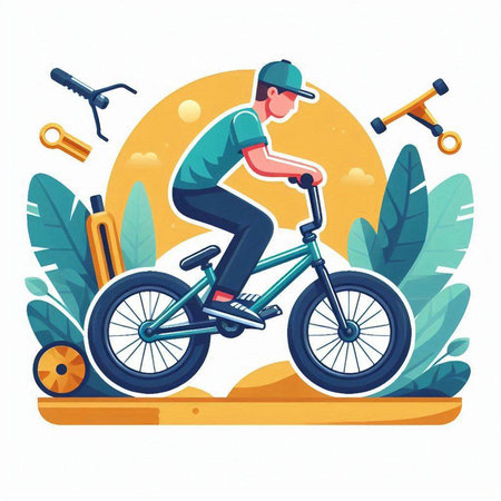 Cyclist rides on a bicycle in the park. Flat vector illustration.のイラスト素材