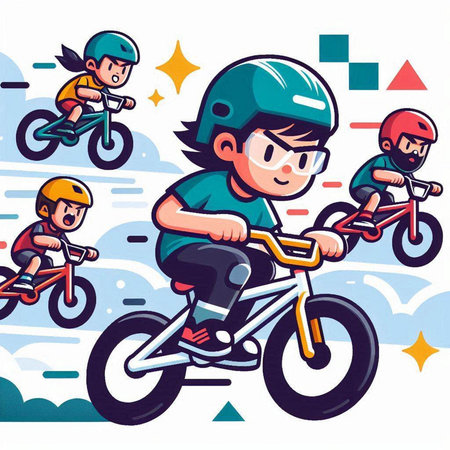 Bicyclist kids riding bikes. Vector illustration in cartoon styleのイラスト素材