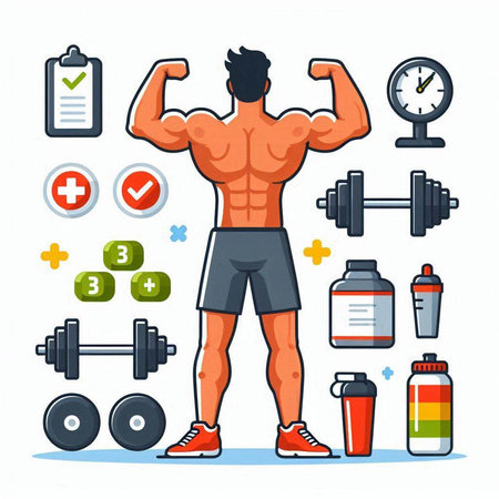 Muscular man bodybuilder with dumbbells, bottle of water and fitness icons. Vector illustrationのイラスト素材