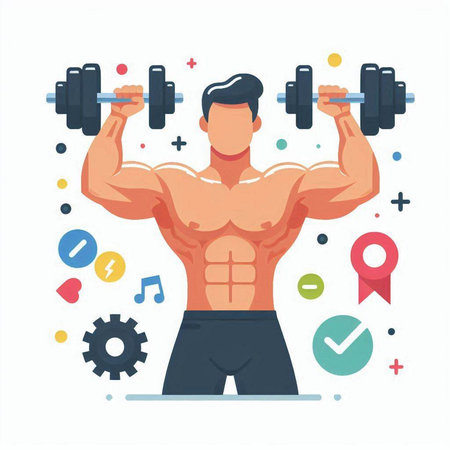 Muscular man with dumbbells. Vector illustration in flat styleのイラスト素材