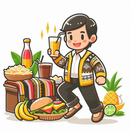 Illustration of a boy drinking juice while sitting in front of a suitcaseのイラスト素材