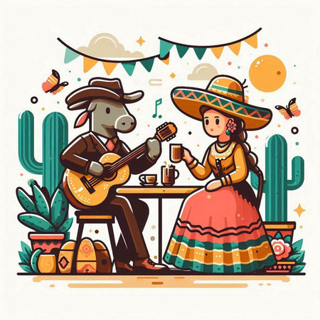 Cinco de Mayo. Mexican woman and man in mexican sombrero sitting at table with guitar and drinking coffee. Vector illustrationのイラスト素材
