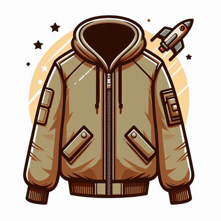 Vector illustration of a winter jacket with space rocket on the background.のイラスト素材