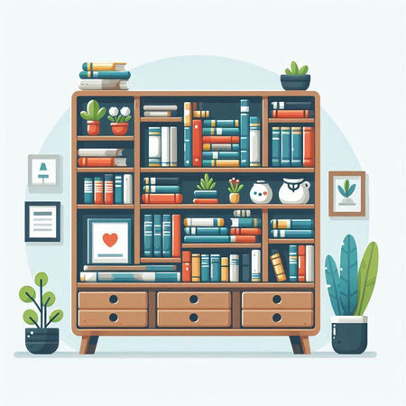 Bookshelf with books and plants. Vector illustration in flat styleのイラスト素材