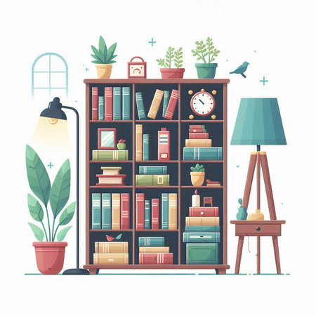 Bookshelf with books, lamp and plants. Vector illustration.のイラスト素材