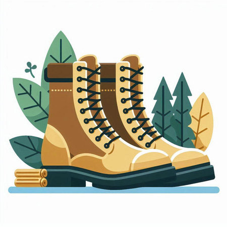 Vector illustration of hiking boots on a background of trees and leaves.のイラスト素材