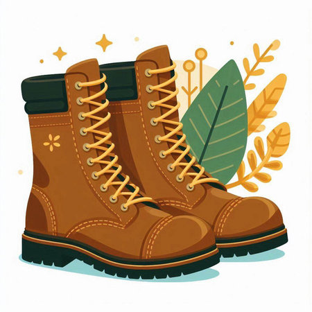 Hiking boots with leaves. Vector illustration isolated on white background.のイラスト素材