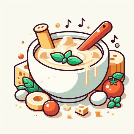 Creamy soup with ingredients. Vector illustration in cartoon style.のイラスト素材