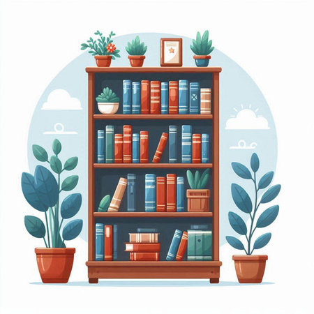 Bookshelf with books and plants. Vector illustration in cartoon styleのイラスト素材